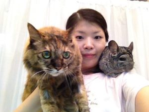 1993年生まれの愛猫こまち♀（当時23歳）とチンチラの楽ちゃん♀と一緒に。